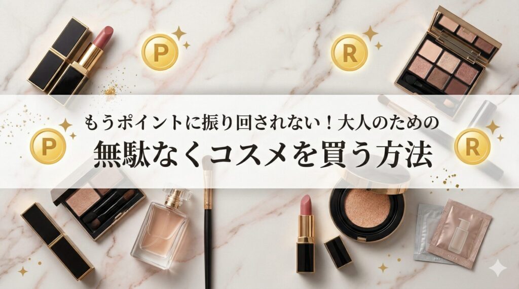 「もうポイントに振り回されない！大人のための無駄なくコスメを買う方法」のアイキャッチ画像。楽天ポイントとコスメ専用ポイントを比較するデザイン。